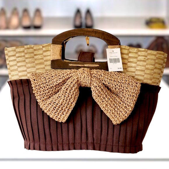 Handbags - Straw Bow Wood Handles Brown & Natural Color Tote Bag